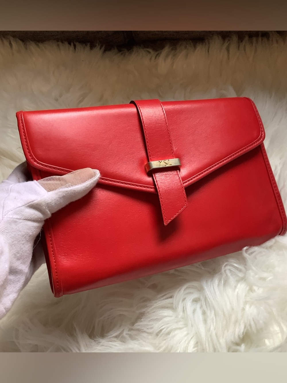 Yves Saint Laurent Vintage Red Leather Crossbody with Gold YSL Accent - Picture 10 of 11